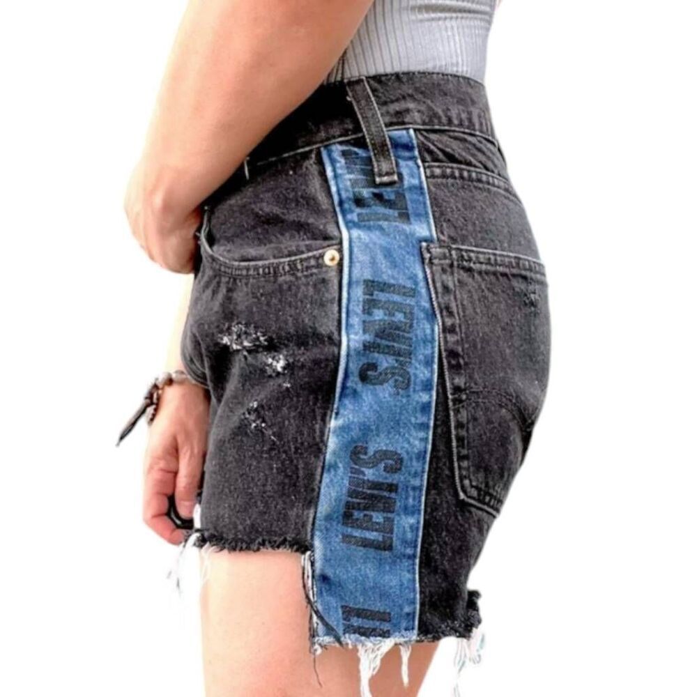 Levi's Y2K Custom Distressed Cutoff Shorts Blue Logo Side Panel Upcycled Sz W32 - Picture 3 of 5
